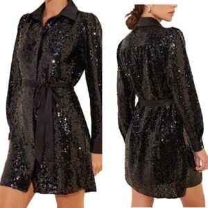 🔥 NWOT Hutch Anthropology Black Sequin & Satin Collar Tie Mini Shirtdress- Small